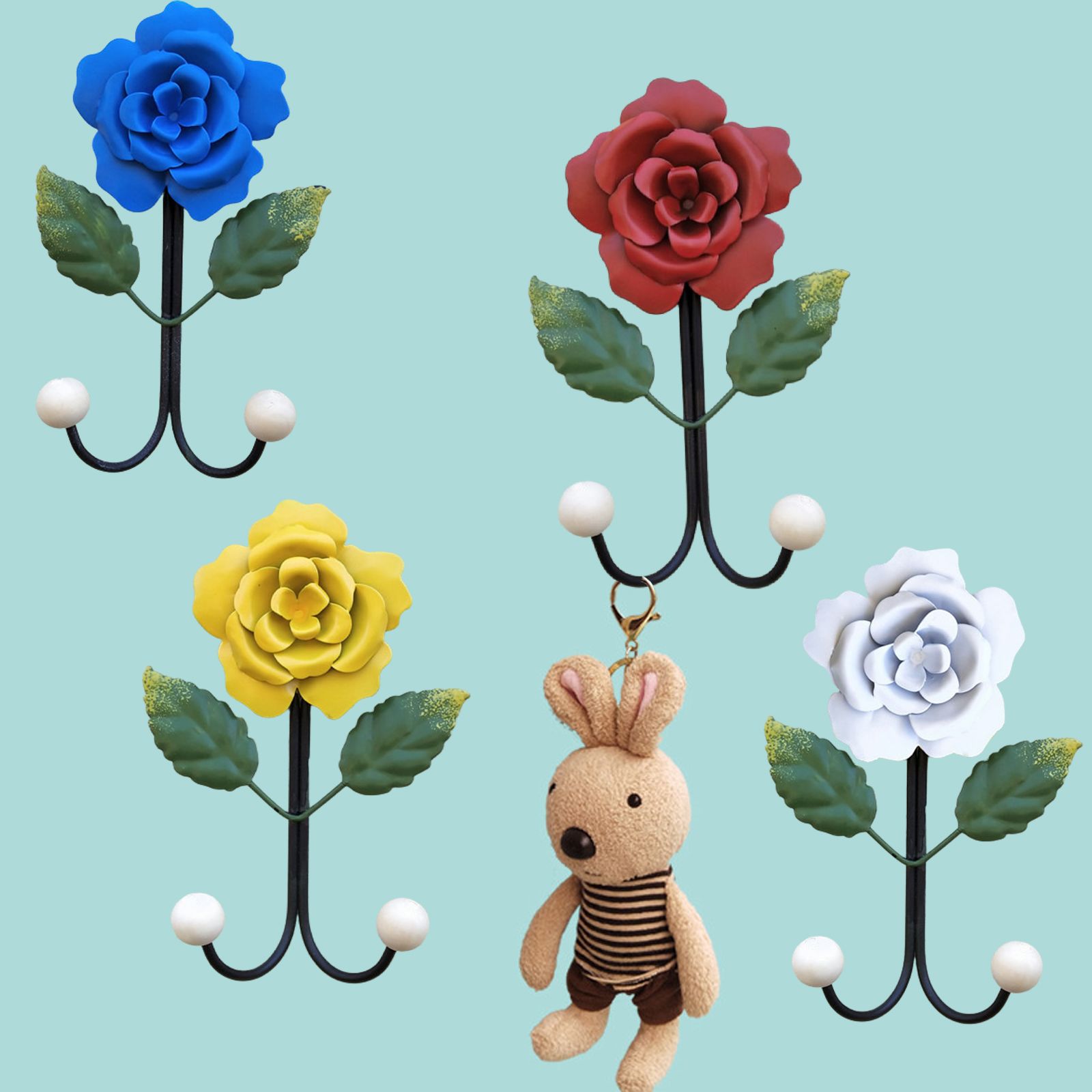 Wrought Iron Rose Flowers Double Hook Small Hook Door Behind Bathroom Kitchen Wall Perforation Free Porch Decoration — image 2