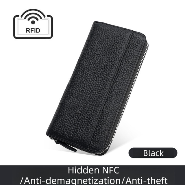 Black Genuine Leather Women's Long Wallet with RFID Blocking & Hidden NFC - Large Capacity Phone Purse with 180° Zipper Closure, 18 Card Slots, Coin/Cash