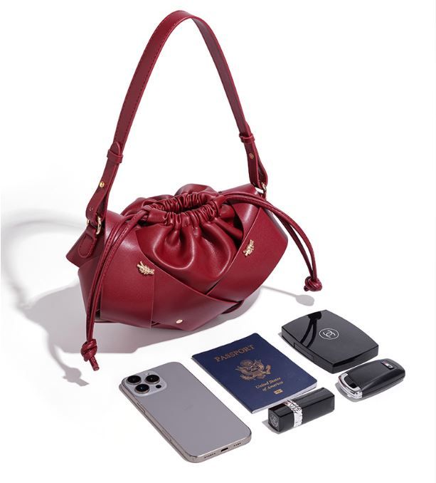 Handwoven PU Leather Drawstring Shoulder Crossbody Bag, Large Capacity Stylish Commuter Handbag with Structured Shape & Alloy Deco, Khaki 29x10x15.5cm โ image 2