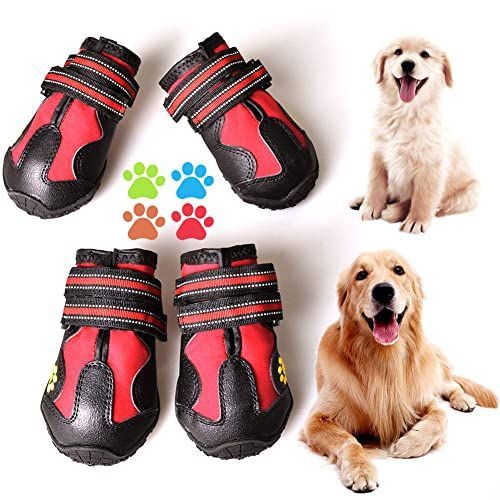 Dog Boots & Paw Protectors Non-Slip Waterproof | Dog Booties Adjustable Straps for Hot Pavement and Winter, Dog Shoes for Medium to Large Dogs 4Pcs with Rugged