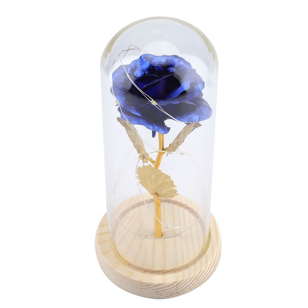Preserved Rose Flower LED Light with Glass Cover Wooden Base Valentines'Day Wedding Blue — image 5