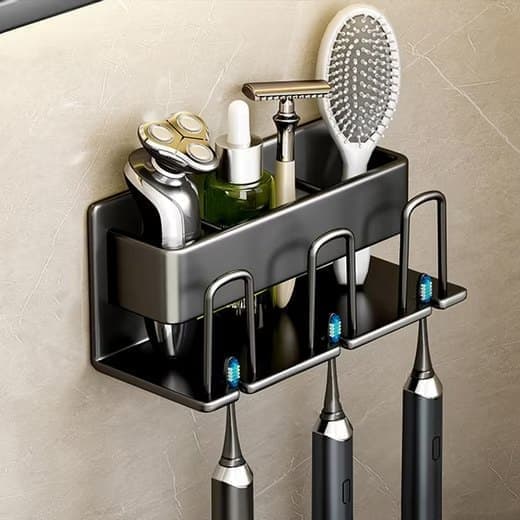 3-Piece Toothbrush Holder with Cup, Wall Mount No Drilling, Aluminum, Compatible with Oral-B, Black — image 2
