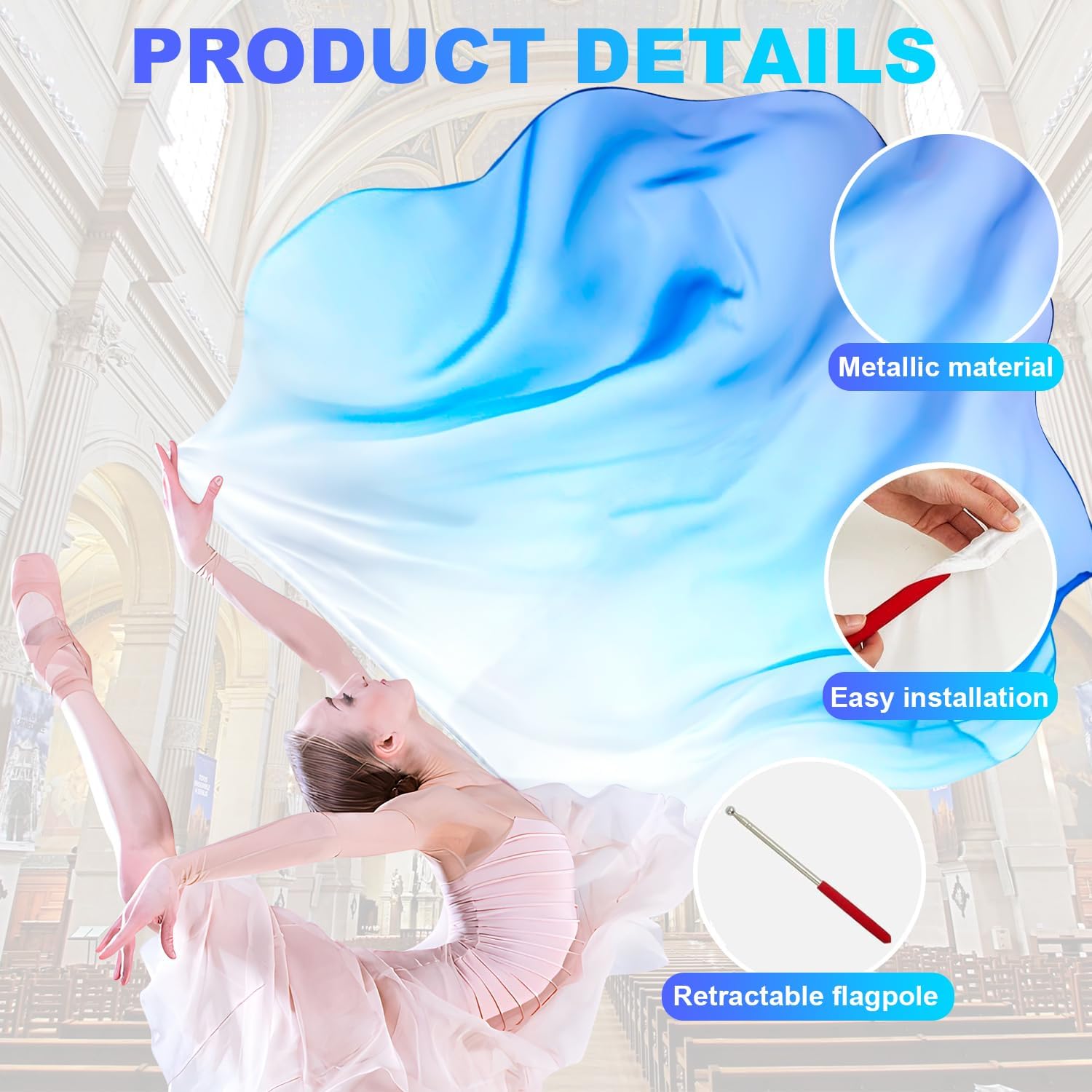 2 Set 55" Praise Dance Worship Flags, with Scalable Rod Semicircle Worship Angel Wing Flag, for Church Dance Performances (White Blue Blue) — image 3