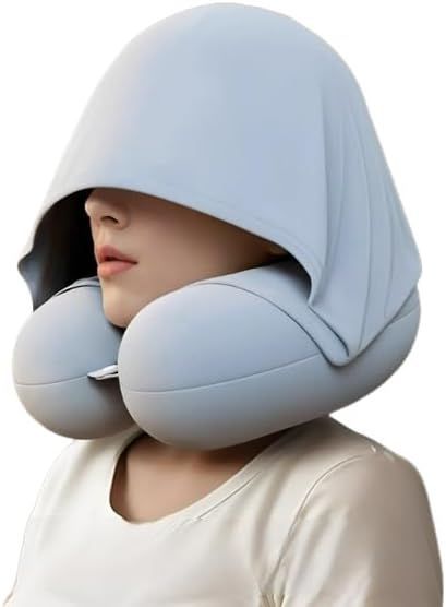 Travel Pillow with Hoodie – Memory Foam Neck Support, Soft & Comfortable, Elastic Removable Washable Cover – First-Class Comfort for Flights, Road Trips, and