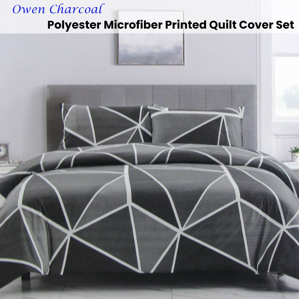 Artex Owen Charcoal Quilt Cover Set Geometric Pattern Reversible Printed Microfiber Polyester Queen — image 2