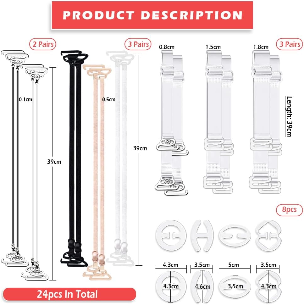 24 Pieces Clear Bra Straps, Invisible Adjustable Bra Strap Non-Slip Bra Replacement Shoulder Straps, 8 Pieces Clear Bra Strap Clips+16 Pieces Bra Straps for โ image 2