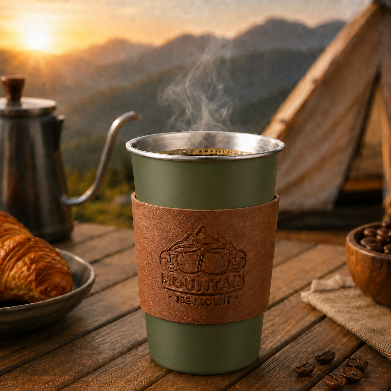 Green 304 Stainless Steel Camping Coffee Cup with Leather Sleeve – 500ml Portable Outdoor Drinking Cup, Beer Cup, Travel Mug for Camping, Hiking, Picnic and — image 2
