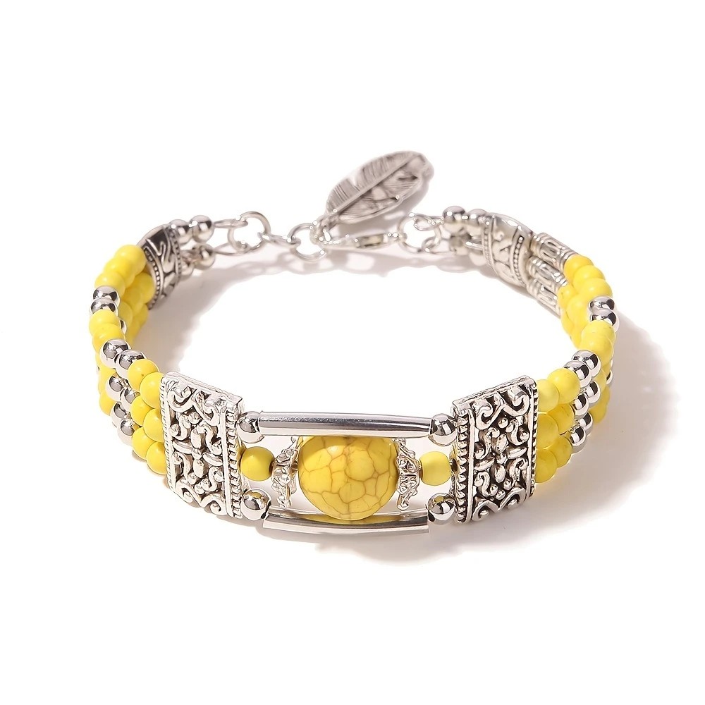 2PCS Ethnic-style Vintage Open Bracelet, Turquoise Beads with Silver Carved Accents, Bohemian Exotic Charm, a Personalized Accessory for Daily and Travel โ image 3