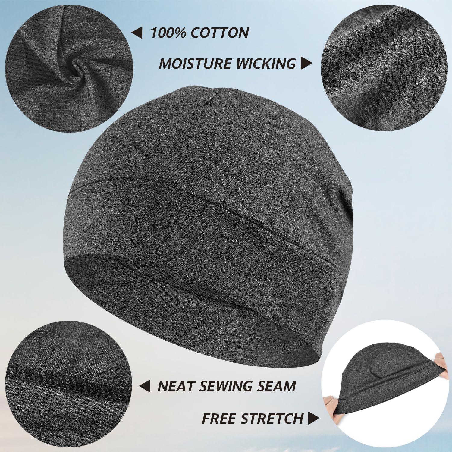 100% Cotton Beanie Hat, 2-Pack Unisex Skull Cap Helmet Liner for Running Cycling Skiing Sleeping Chemo Headwear โ image 2