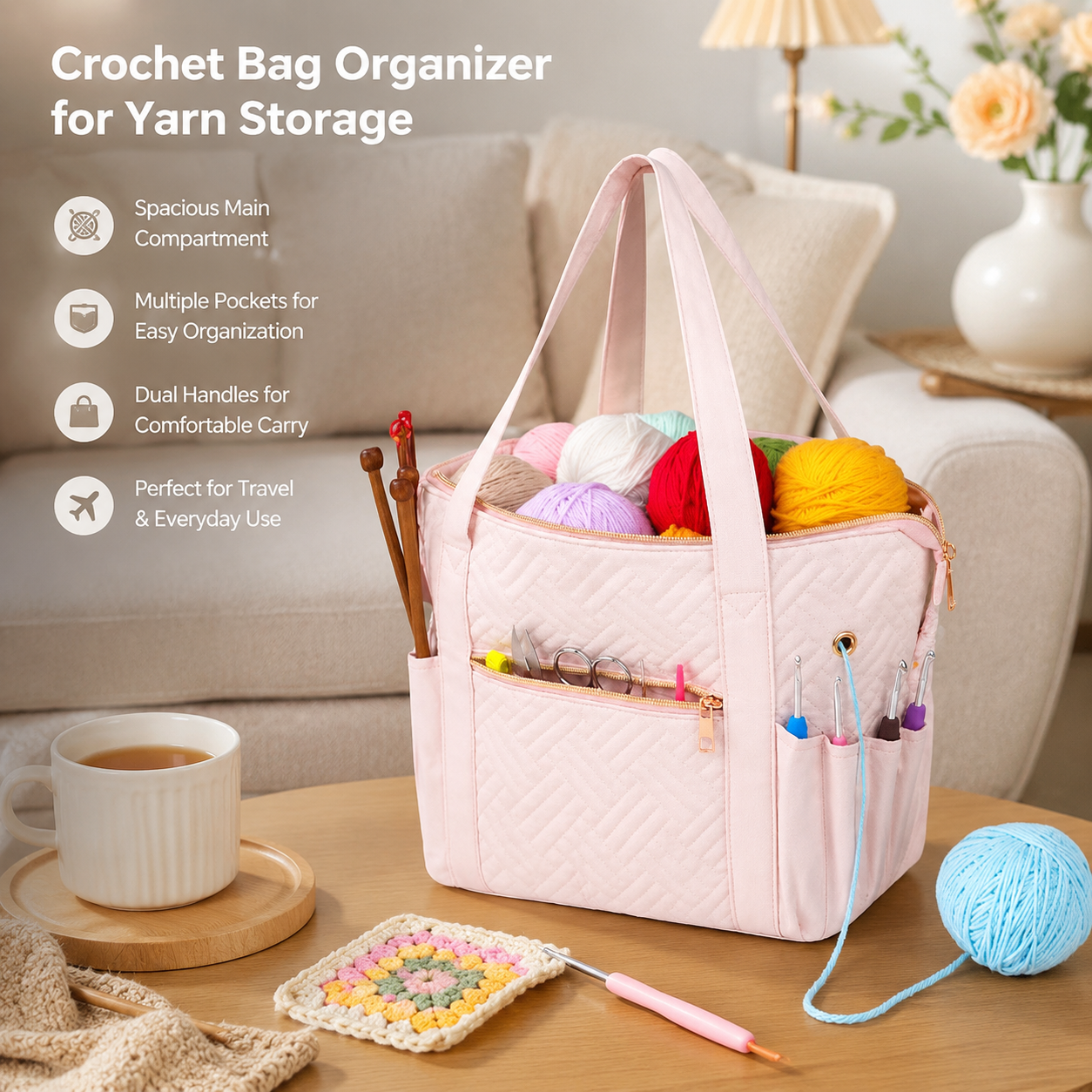 Crochet Bag Organizer for Yarn Storage, Velvet Knitting Tote Bag with Double Handle for Crochet Accessories, Portable Travel Case for Yarn Balls, Crochet — image 5