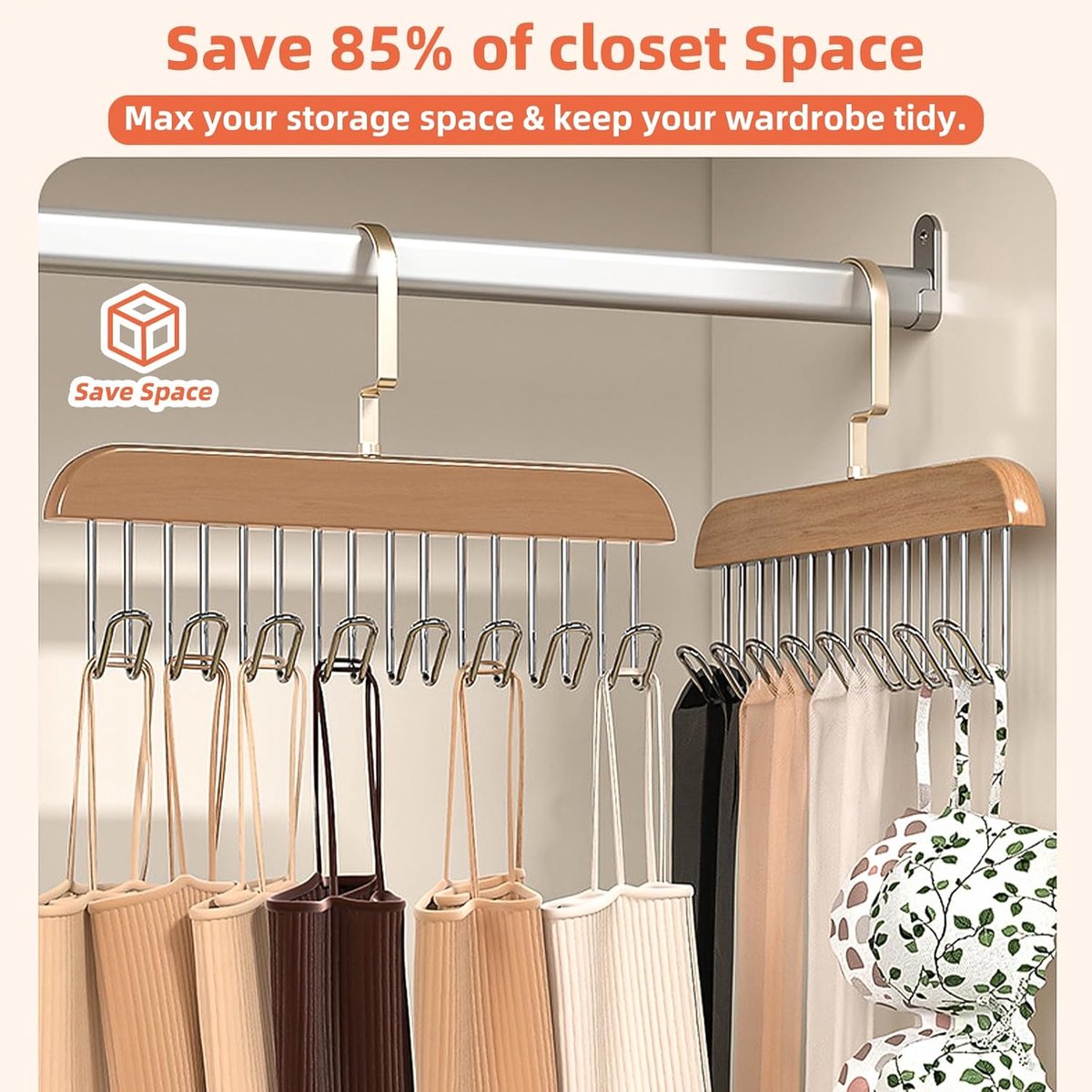 2 pieces - Clothes hanger - belt holders - scarf rack - bra holders - tie hangers for the closet - wooden bra hangers - with 8 hooks - 360° rotatable tank top — image 3