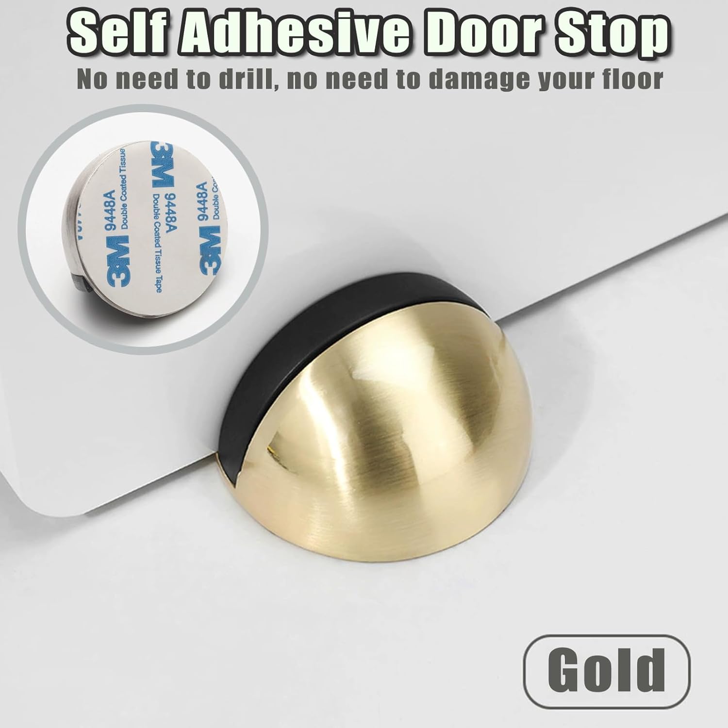 Drill-Free Floor Mounted Door Stoppers 3M Adhesive Self Adhesive Door Stoppers with Black Rubber Bumper Tips Floor Mount Half Dome Door Stopper for Office โ image 3