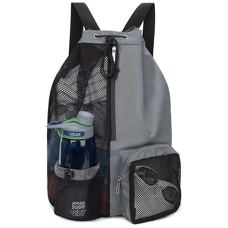 Mesh Drawstring Swim Bag - Large Capacity 20-35L Beach Backpack with Wet Pocket - Breathable Sports Sack for Gym Swimming Travel - Gray