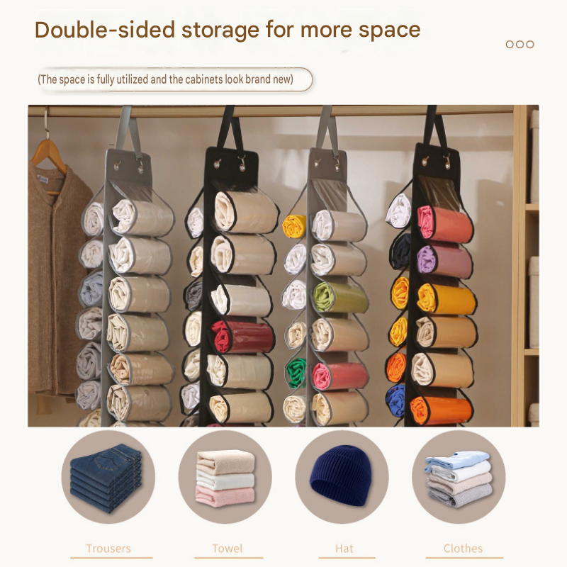 Grey 26-compartment Hanging Clothes Organiser - Double Sided Transparent Wardrobe Storage Bag with Metal Hooks - Space Saving Closet Hanger for Yoga Pants — image 6