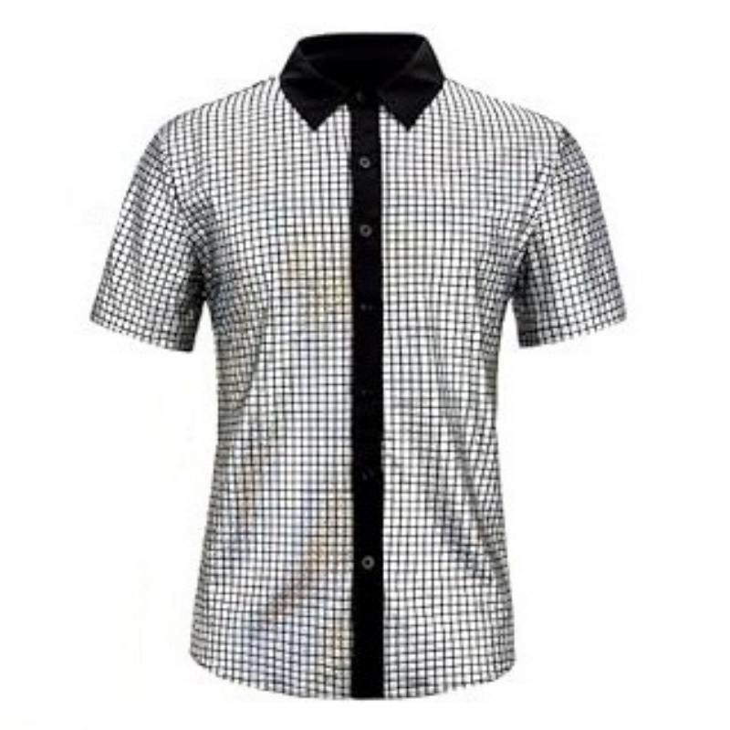 S size Men's 70s Disco Costume Set - Silvery Plaid shirt with Black Bell Bottom Pants & Accessories, Retro Polyester Dance Outfit for Parties and — image 2