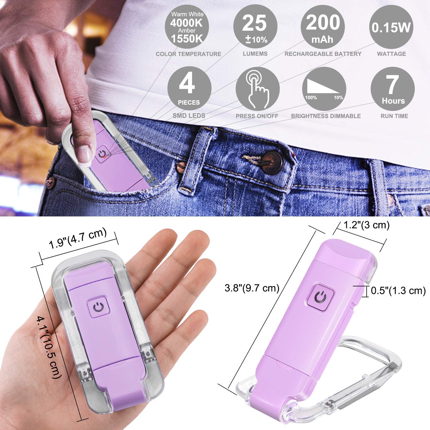 Rechargeable LED Book Light with Dimmable Warm White & Amber Modes – USB-Powered Clip-On Reading Lamp for Books, Sheet Music & Travel (Purple) — image 5