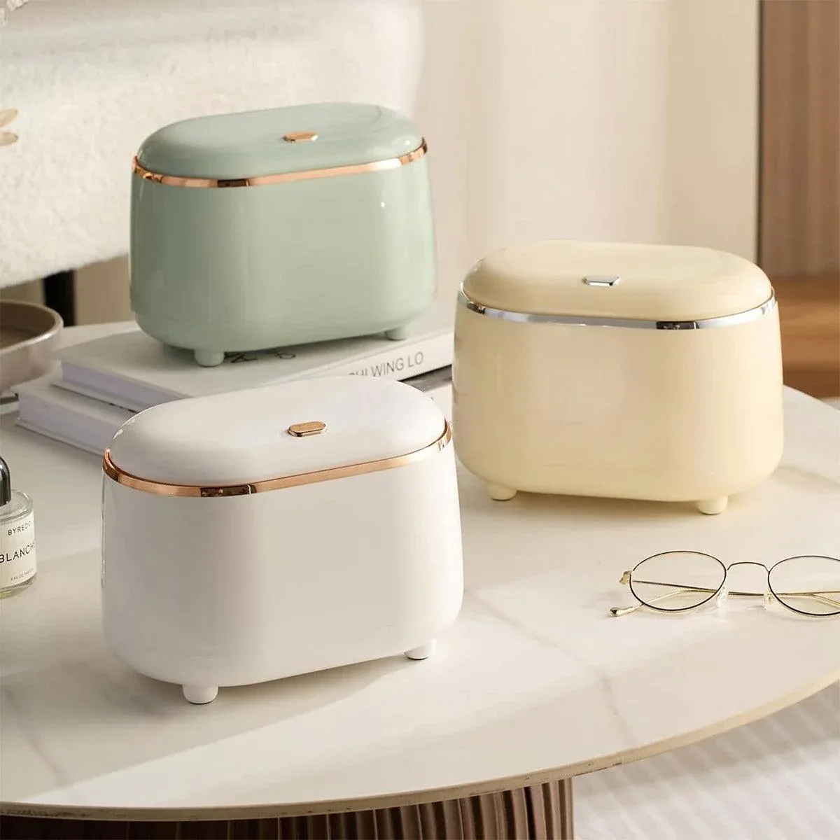 Small Desktop Trash Can Oval Pop Up Lid Rubbish Bin Waste Organizer Container - Beige โ image 5