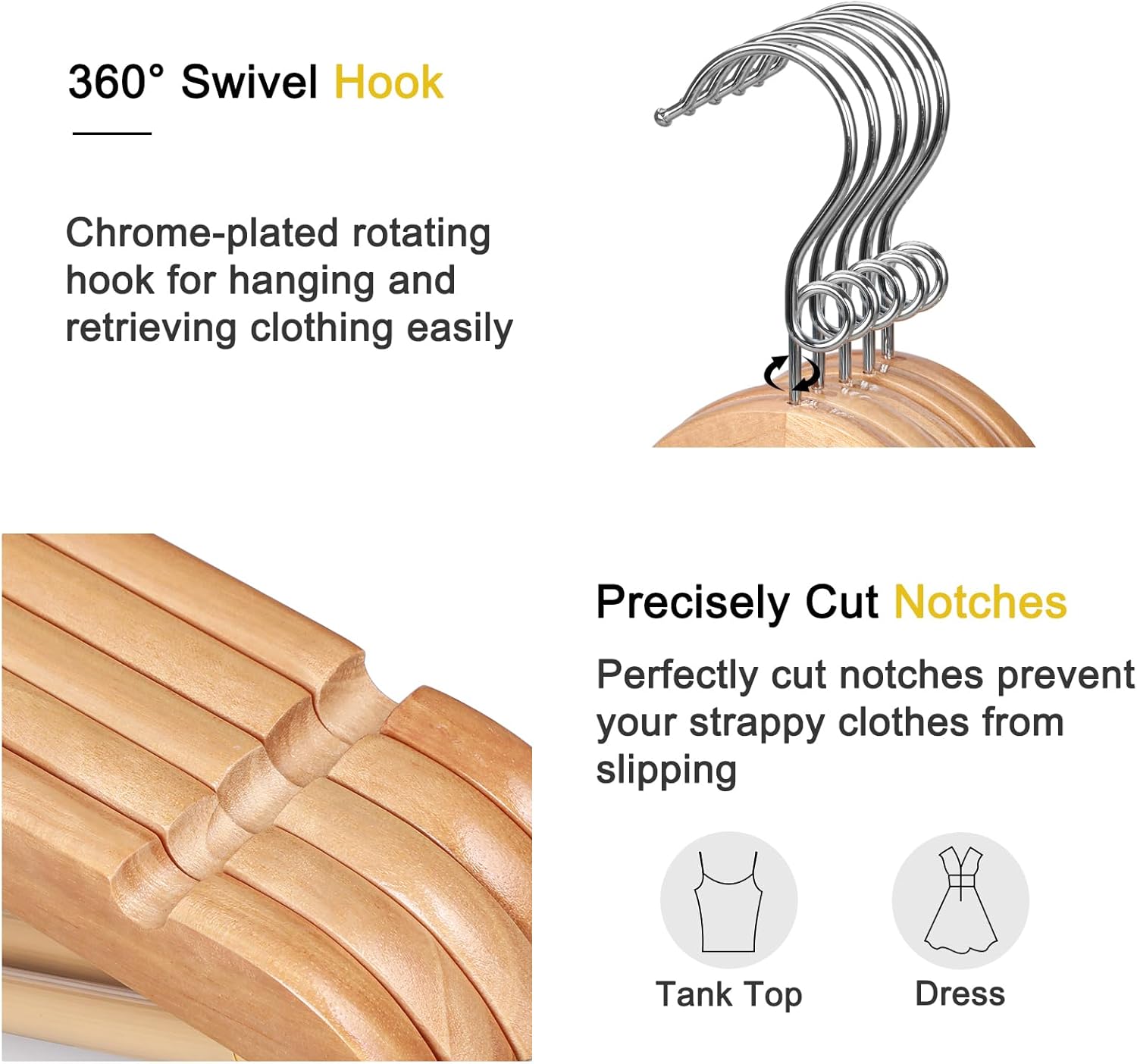 TOPIA HANGER Wooden Hangers 30 Pack, Space Saving Coat Hanger with 360° Swivel Cascading Ring Hook, Non Slip Pants Bar and Shoulder Notches for Camisole — image 2