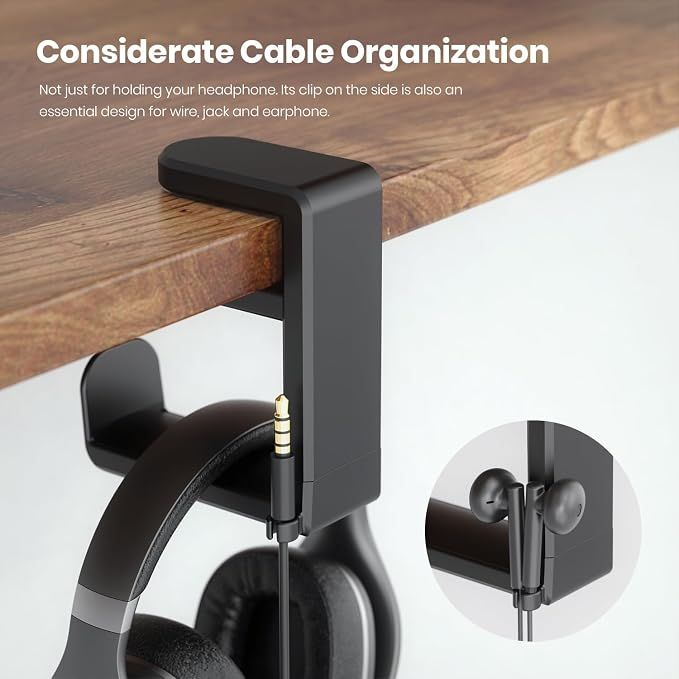 Rotating Headphone Stand - PC Gaming Headset Holder, Adjustable Clamp-on Under Desk Hanger With 360 Degree Swivel & Cable Clip Organizer - Black — image 5