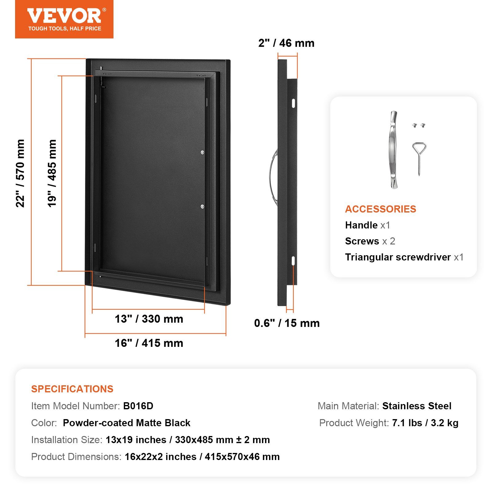 BBQ Access Door 415 × 570 mm - Flush Mount Outdoor Kitchen Cabinet Door Matte Black Reversible for BBQ Island — image 3