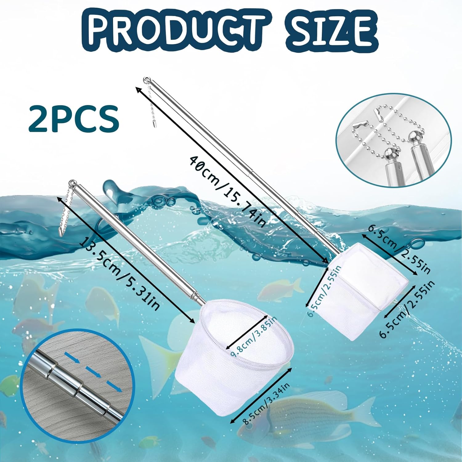 2-Pack Aquarium Fish Net - 3.3In & 2.6in Fishes Tank Shrimp Net Debris Cleaning Tools - Fast-Dry Mesh Scoop with Extendable Handle - Small Fish Net for Fish — image 2
