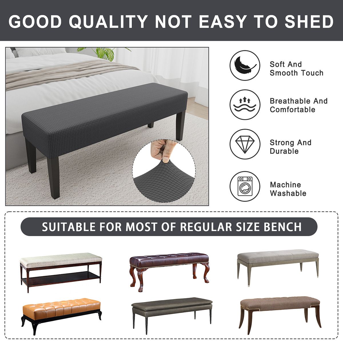 Bench Cover Slipcover Rectangle Polyester Blend High Stretch Bench Cushion Covers with Elastic Bottom Feature Textured Machine Washable Jacquard Fabric (Dark — image 4