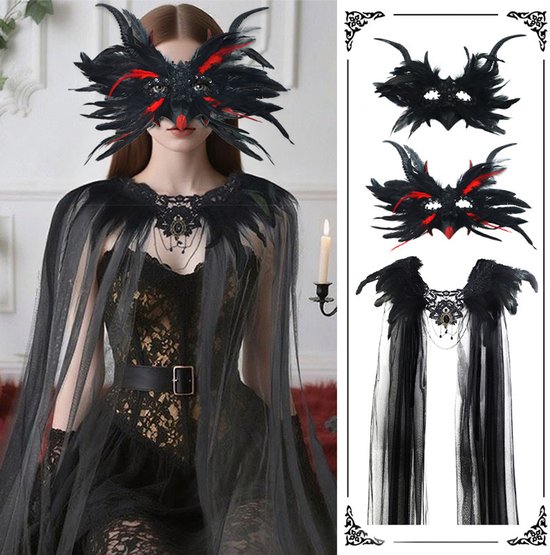 Mask - New for Halloween - Gothic Style - Mask with Decorative Feather Lace - Devil's Horn Mask - Role-playing Prop โ image 3