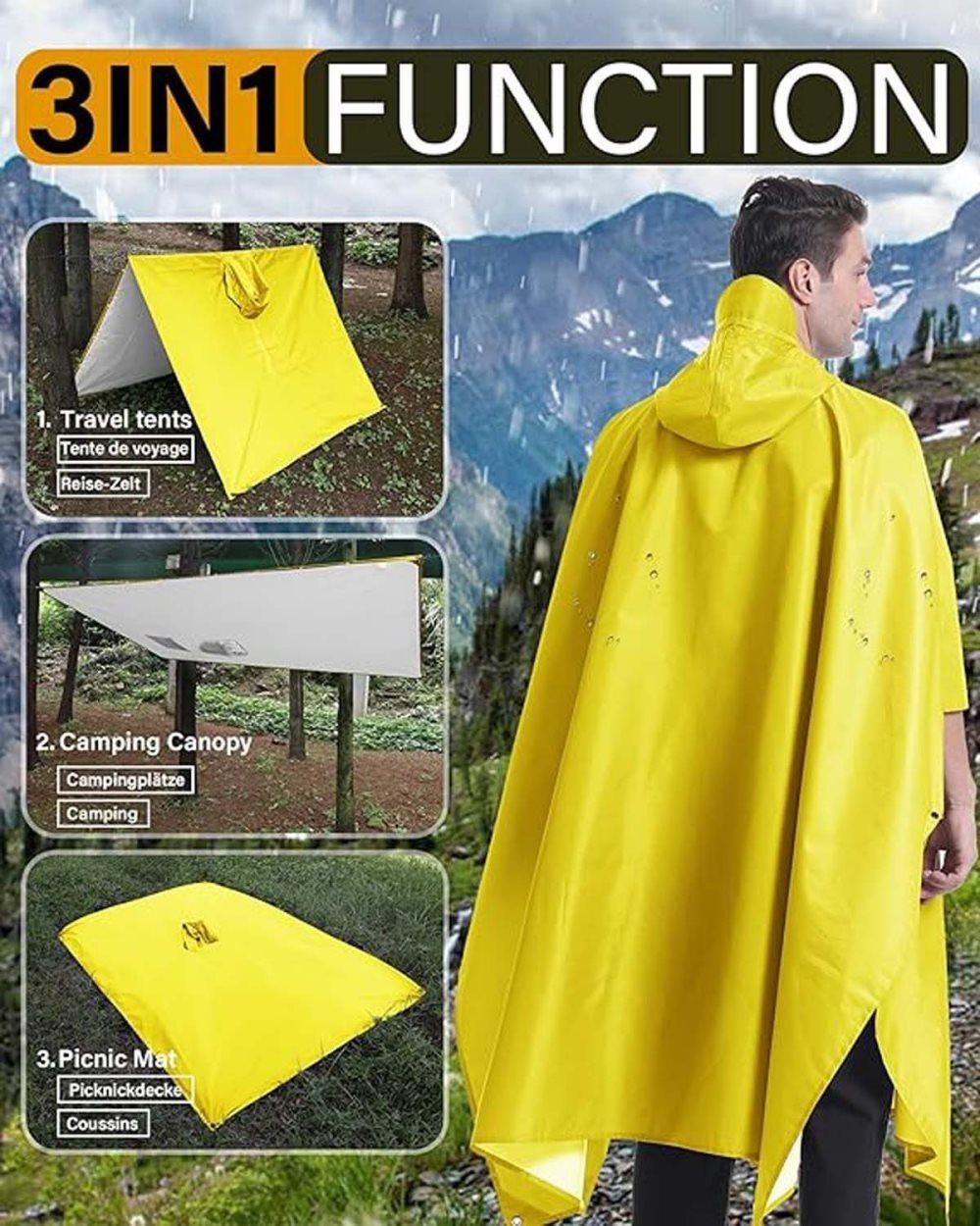 3-in-1 Waterproof Rain Jacket Poncho with Hood, Breathable Outdoor Raincoat, Yellow โ image 6