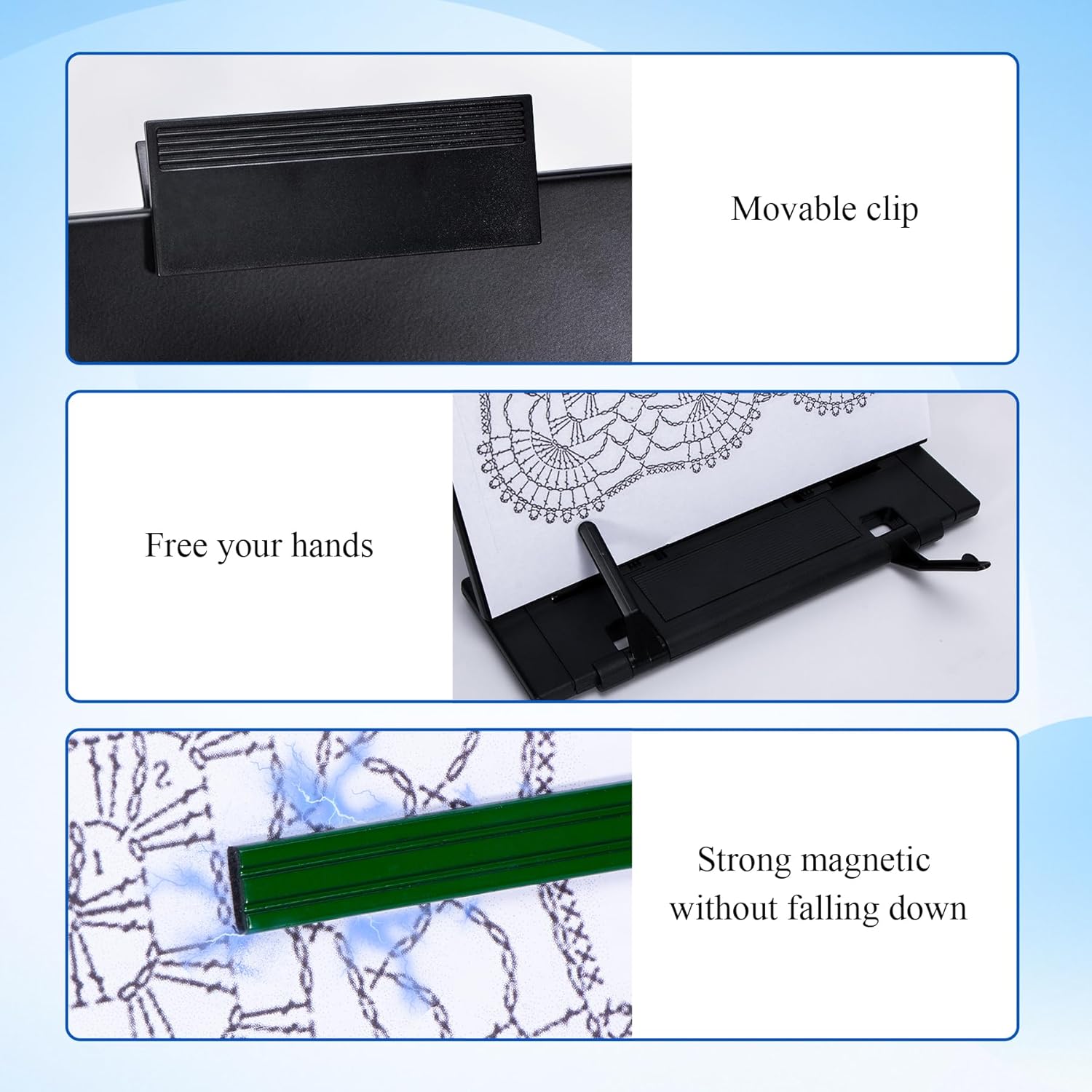 Knitting Pattern Holder with 6 Color Replacement Magnets 1 Magnifying Ruler,Cross Stitch Supplies and Accessories for Crafts Work, 12" L x 8.4" W — image 3