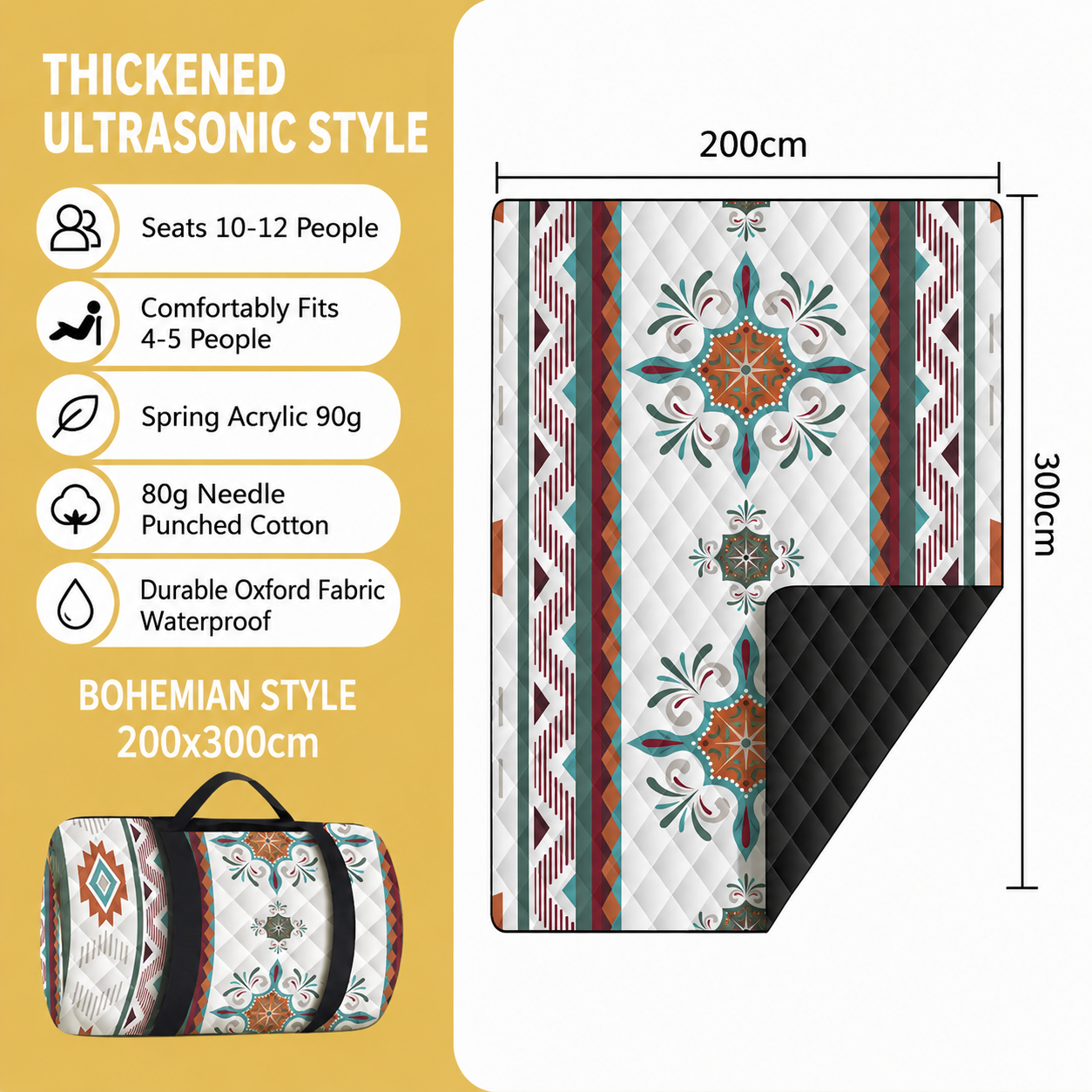 Extra Large Thick Waterproof Ultrasonic Picnic Blanket - Bohemian Pattern Outdoor Camping & Beach Mat for 10 to 12 People 200 x 300 CM