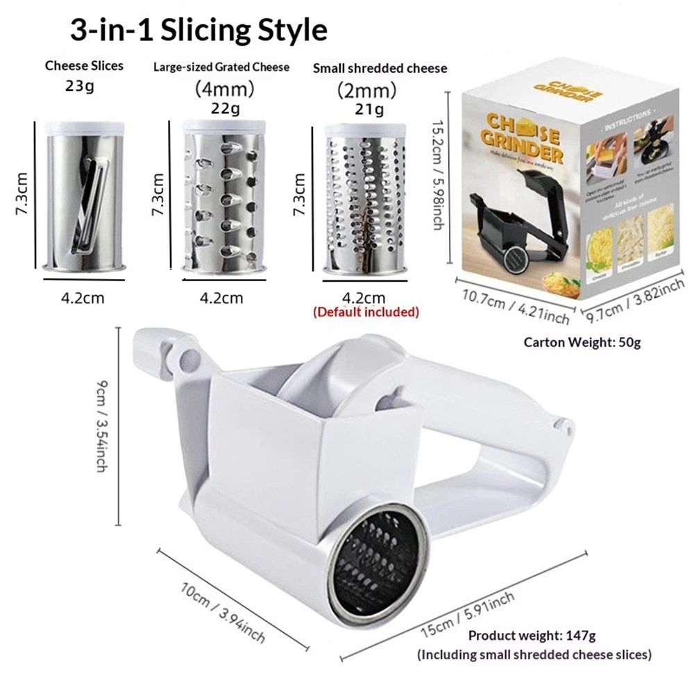 Rotary Cheese Grater with 3 Stainless Steel Drums – Manual Hand Crank Grater for Parmesan, Hard Cheese, Chocolate, Nuts – Durable Handheld Kitchen Tool (White) — image 2