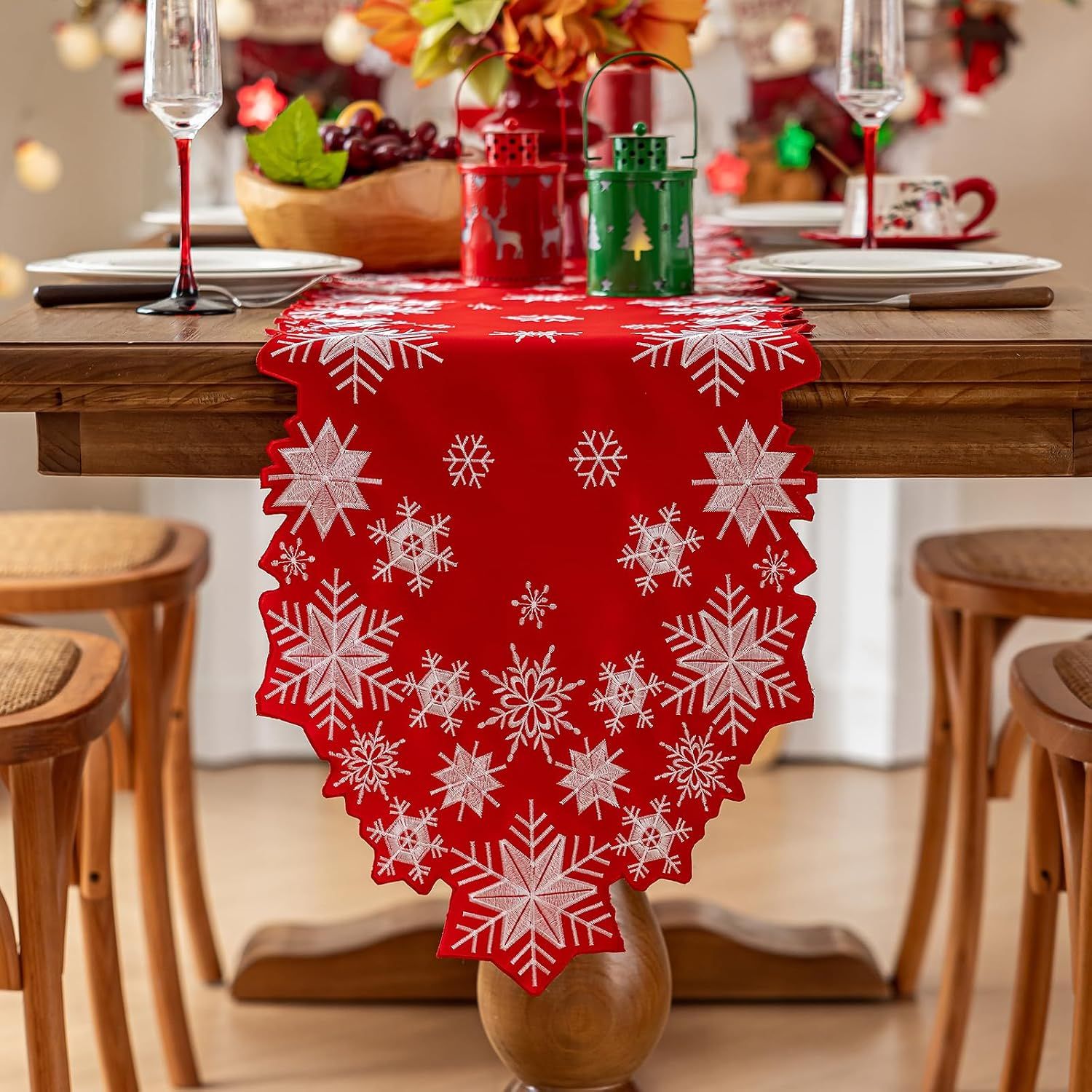 Christmas Red Table Runner 14 x 86 Inch, Cutwork Embroidered White Snowflake Table Runners, for Xmas Holiday Winter Festival Kitchen Dining Tabletop Decoration — image 2