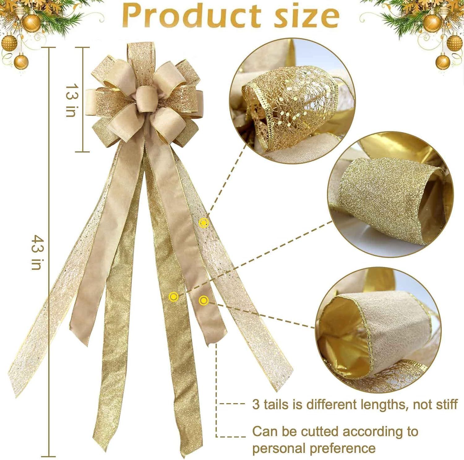 Christmas Tree Topper Bow, 43 × 13 Inches Large Toppers Bows for Christmas Tree, Glitter Satin Mesh Streamer and Wired Edge, Xmas Ornament Treetop Hanging — image 3