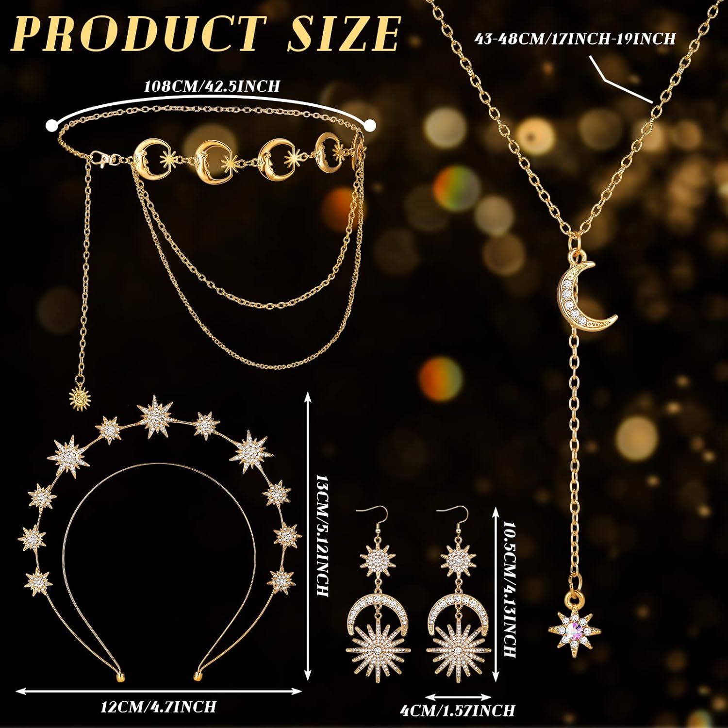 Glenmal 4 Pieces Celestial Jewelry Moon Stars Crown Necklaces and Body Chain Headband Drop Earrings for Women โ image 3