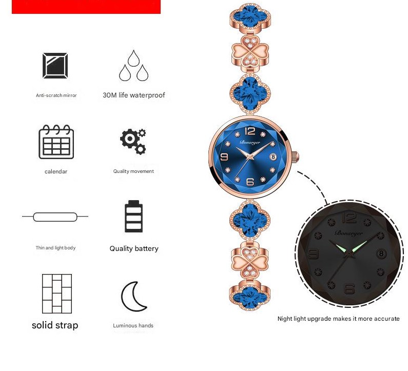 Blue Women's Four-Leaf Clover Quartz Watch with Red Dial and Crystal Accents — image 2