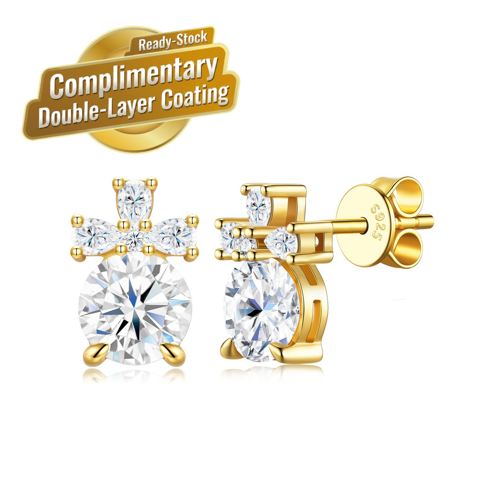 Elegant S925 Silver Plated Gold Moissanite Stud Earrings with Cross Design, Eight Hearts Eight Arrows Cut, Hypoallergenic and Tarnish-Resistant for — image 3