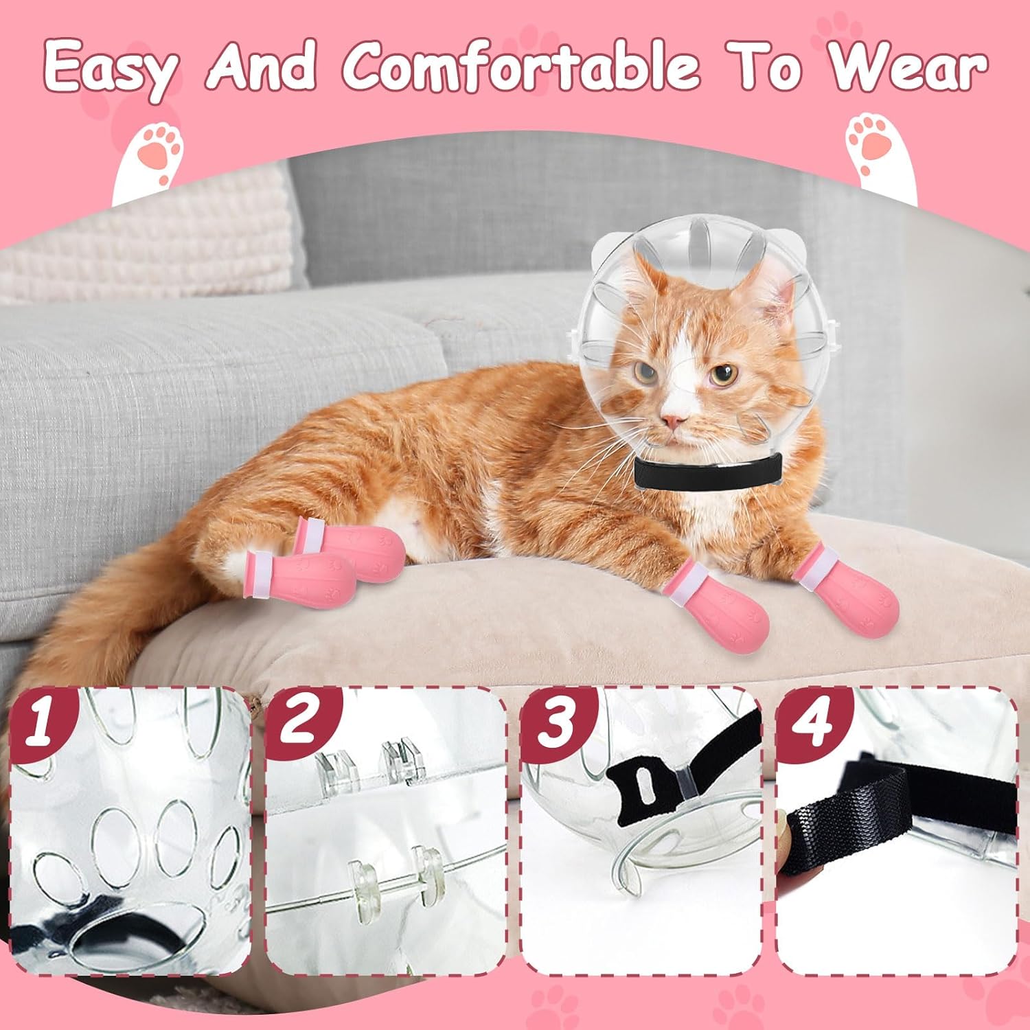 Cat Muzzle and Boots Set, Cat Transparent Muzzle Prevent from Cats Biting Chewing, Breathable Cat Adjustable Hood for Grooming, Adjustable Cat Anti-Scratch — image 5