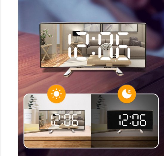 Multifunctional electronic alarm clock with light effect - Creative large screen - Curved LED light - Digital home mirror - Clock decoration - Black casing — image 2