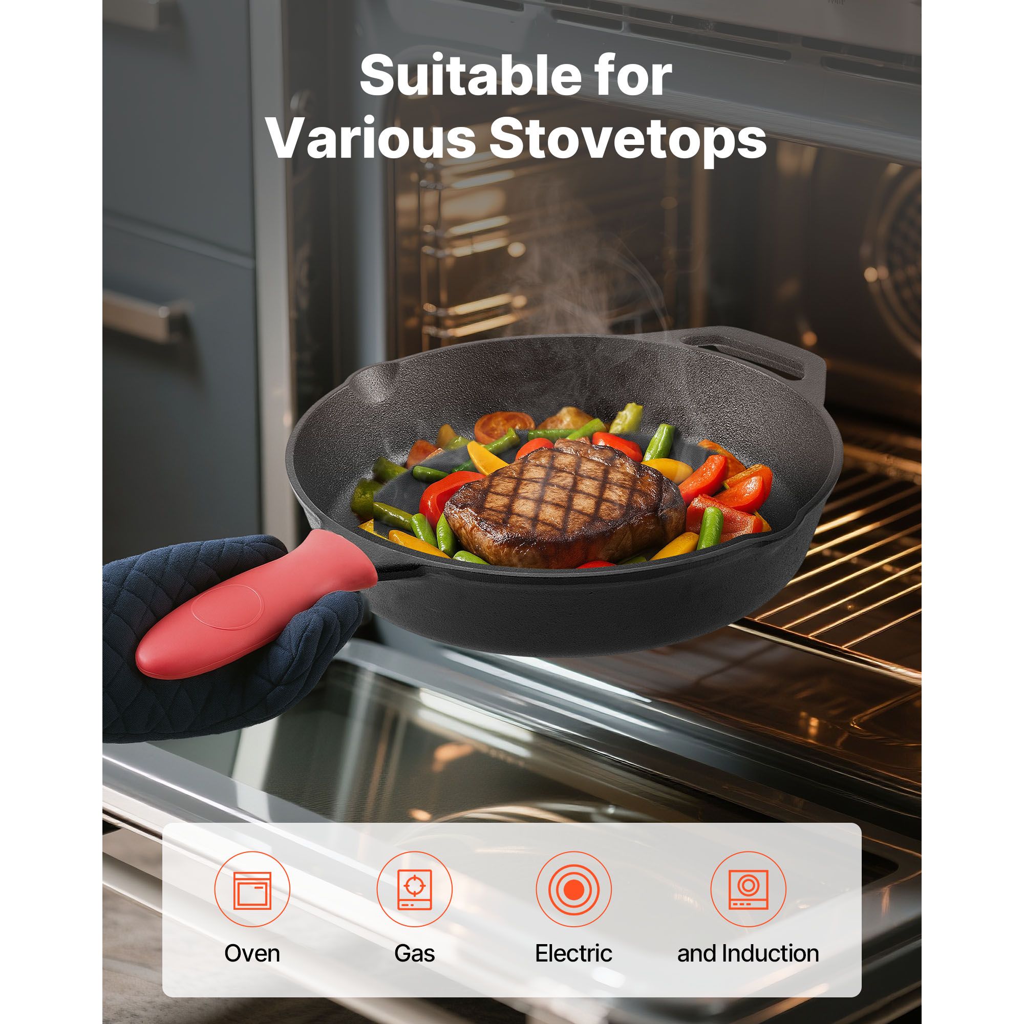 Cast Iron Skillet, 4 Pcs Frying Pan Set (155, 205, 260, 305 mm), Skillets with Heat-Resistant Silicone Handle, Pre-Seasoned Chef's Pan, Kitchen Cookware, Oven โ image 6