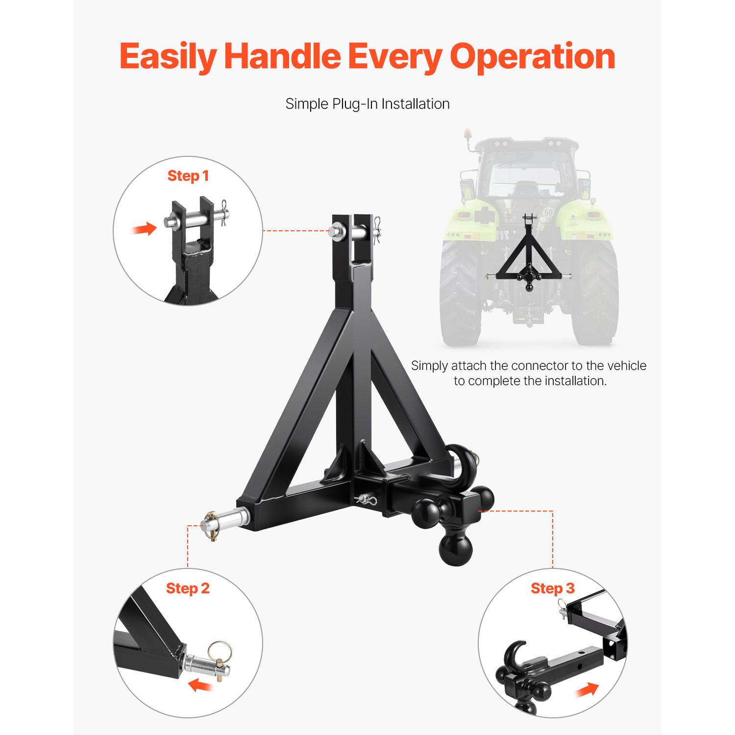 3 Point Trailer Hitch 2 in Receiver, 3pt Quick Hitch Attachment with 3 Trailer Balls, Tractor Tow Drawbar Adapter, Compatible with Kubota, Mahindra, Ford โ image 6