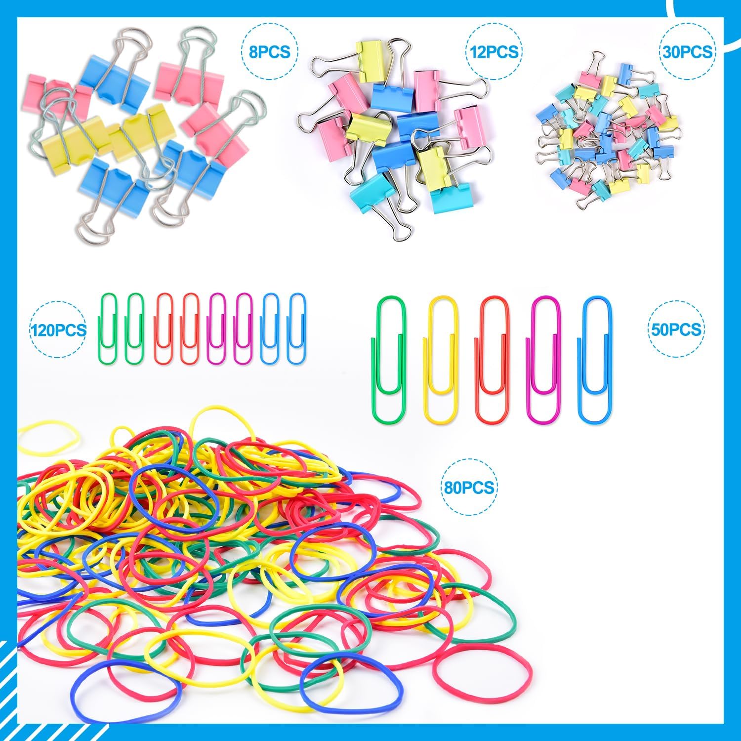 Paper Clips, 300pcs Paperclips Binder Clips Assorted Sizes (S/M/L) and Rubber Bands, Colored Office Supplies Set College School Supplies — image 2