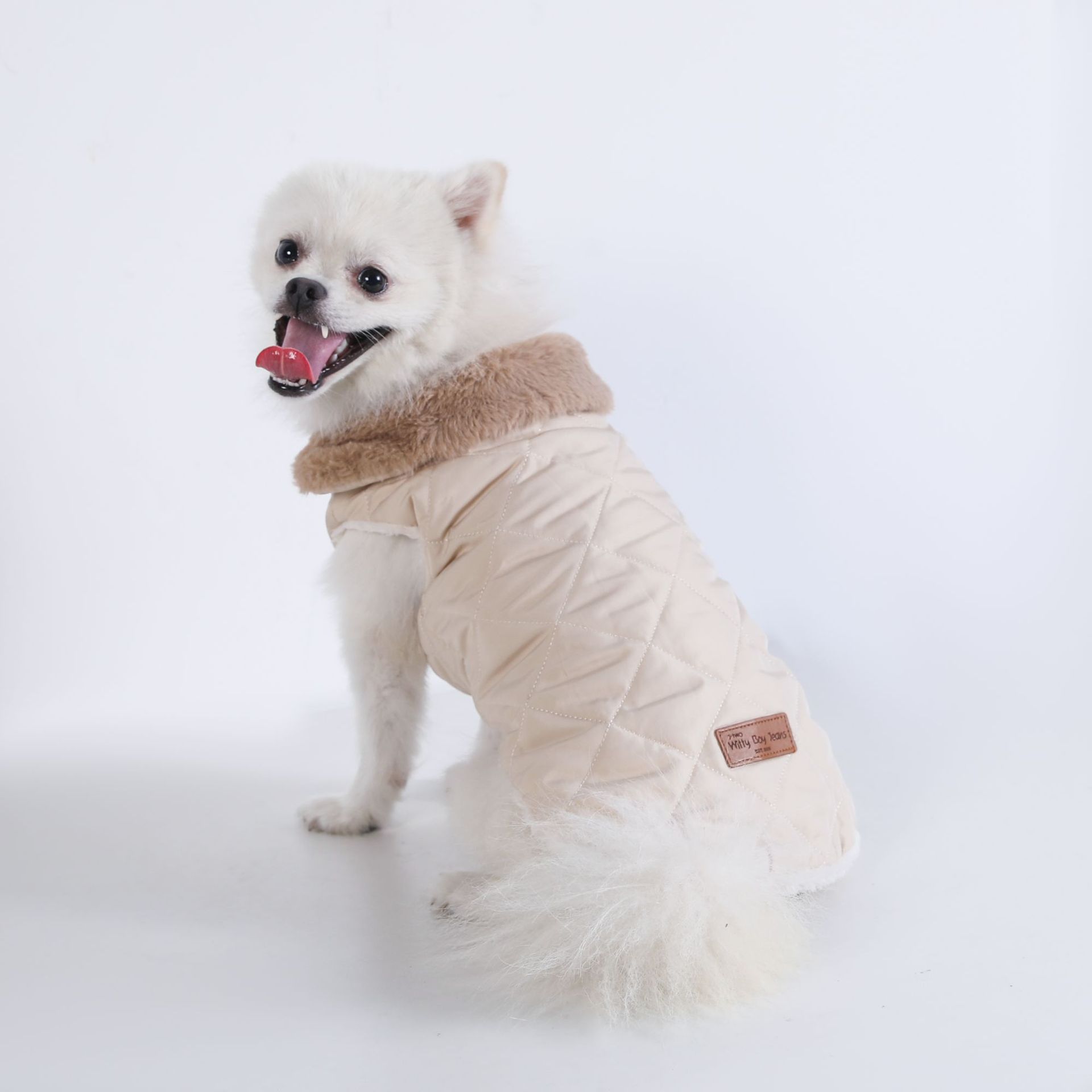 M Size Beige Winter Padded Cotton Dog Thermal Plaid Vest with Faux Fur Collar - Thick Fleece-Lined Warm Pet Jacket — image 2