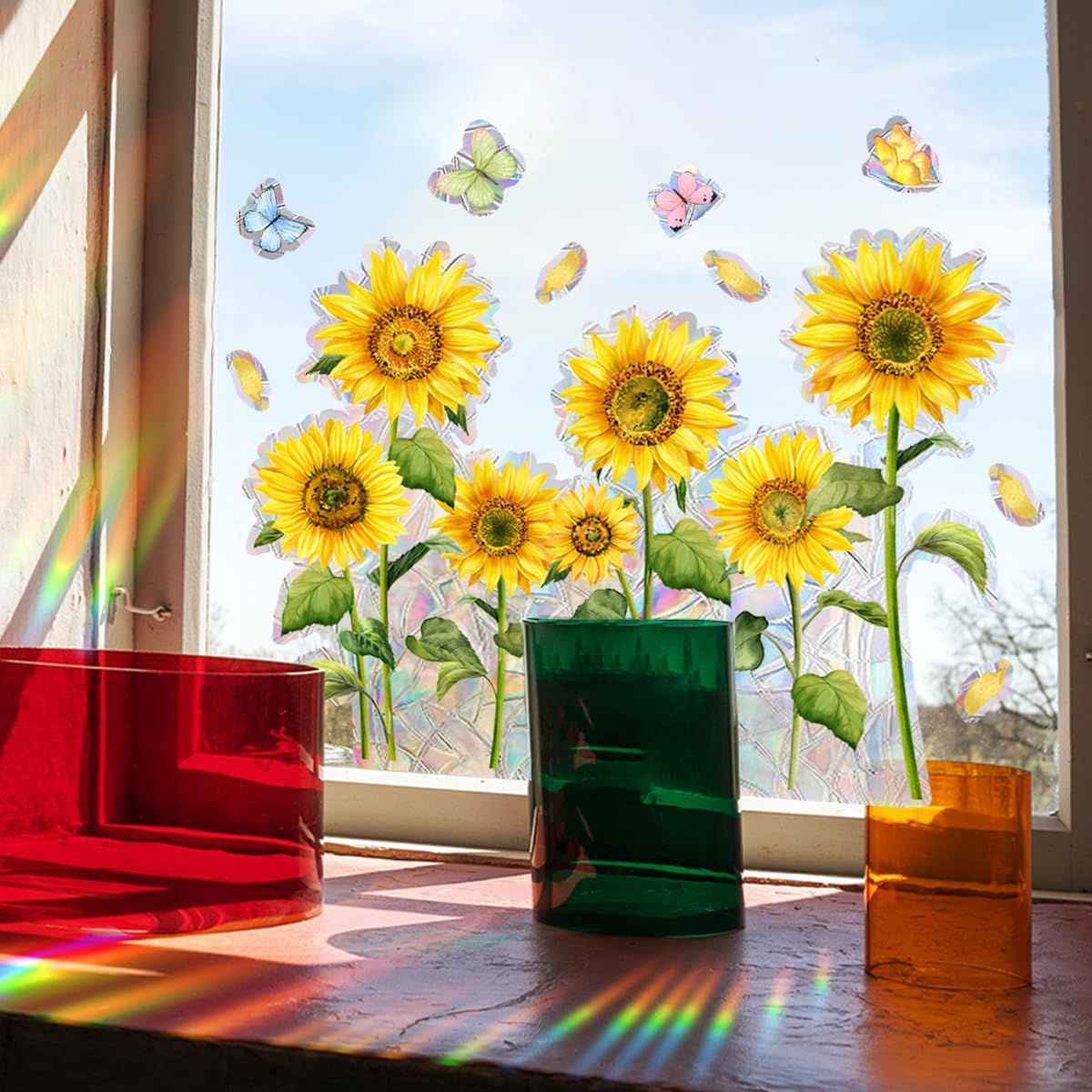 Non-glue Removable Rainbow Sunflower Butterfly Window sticker,Sun Dazzling Color Anti-Collision Window Decals,Prevent Bird Strikes — image 4
