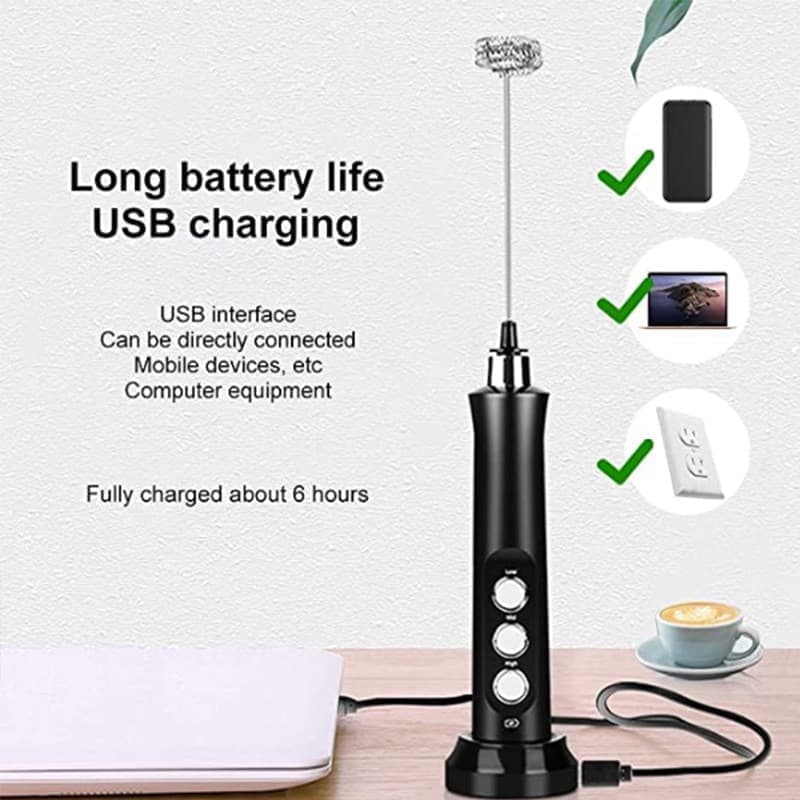 USB Rechargeable Electric Whisk with 3 Speeds, Egg Beater Milk Frother for Coffee and Cappuccino, Compatible with Most Brands, White — image 4