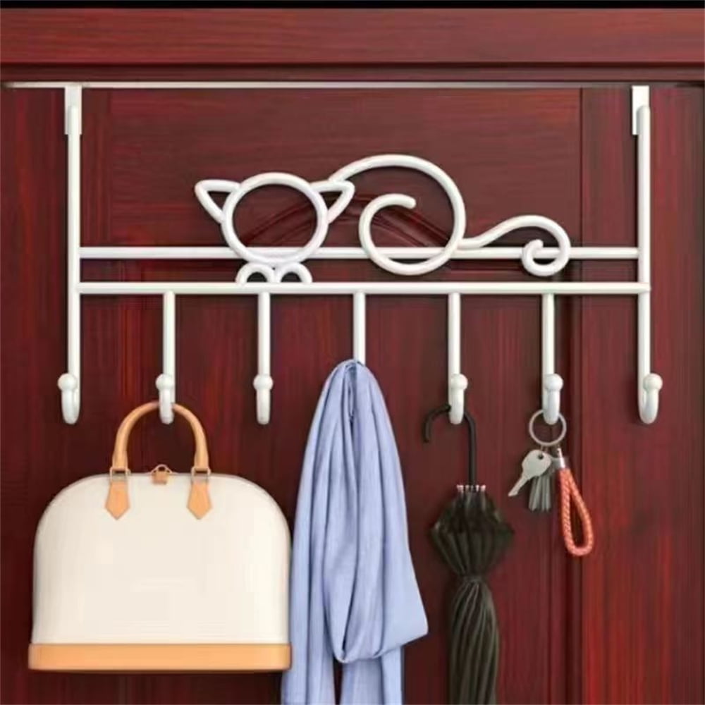 Over the Door Hook,Cat Design Wall Hooks Over Door Hook with 7 Hooks for Back of Bedroom Bathroom Door Punch-Free Coat Rack Organizer Clothes Key Holder Towel — image 4