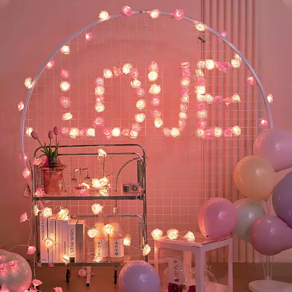 20 Pink n White Rose 3D Fairy Lights 3M String, Battery (AA) Indoor & Outdoor Decorations Wedding Valentines Romantic Room Table Lighting — image 3