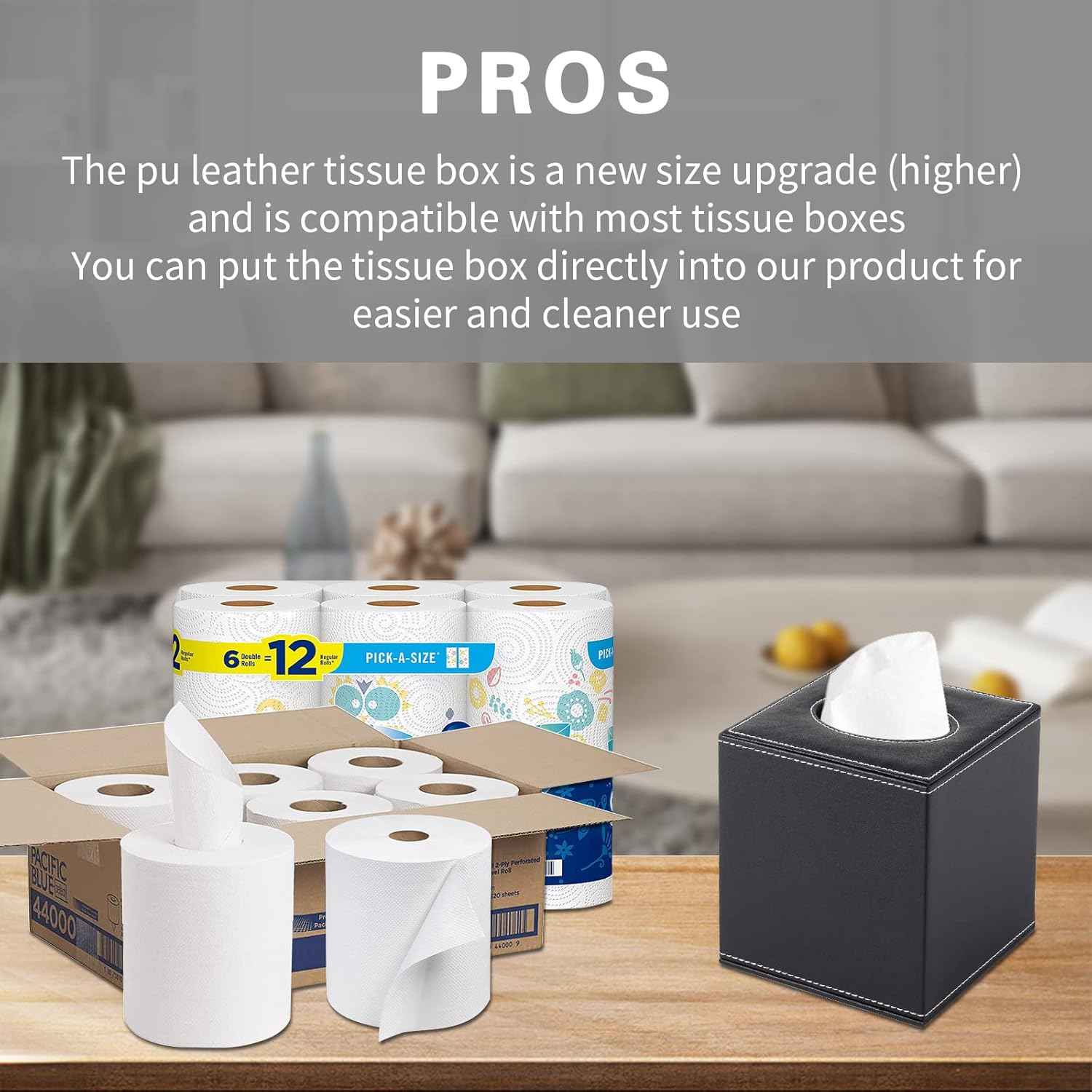 PU Leather Tissue Box Cover Square,Upgrade Large Size Napkin Holder Pumping Paper Case Dispenser,Facial Tissue Holder with Magnetic Bottom for Home Office Car — image 2