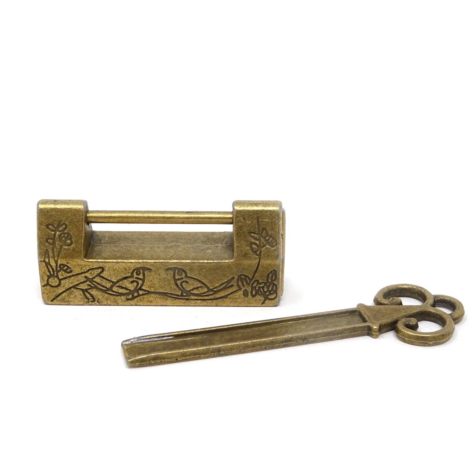 Mini Size Vintage Antique Style Carved Bird Flower Leaf Padlock Lock with Key for Jewelry Box Drawer