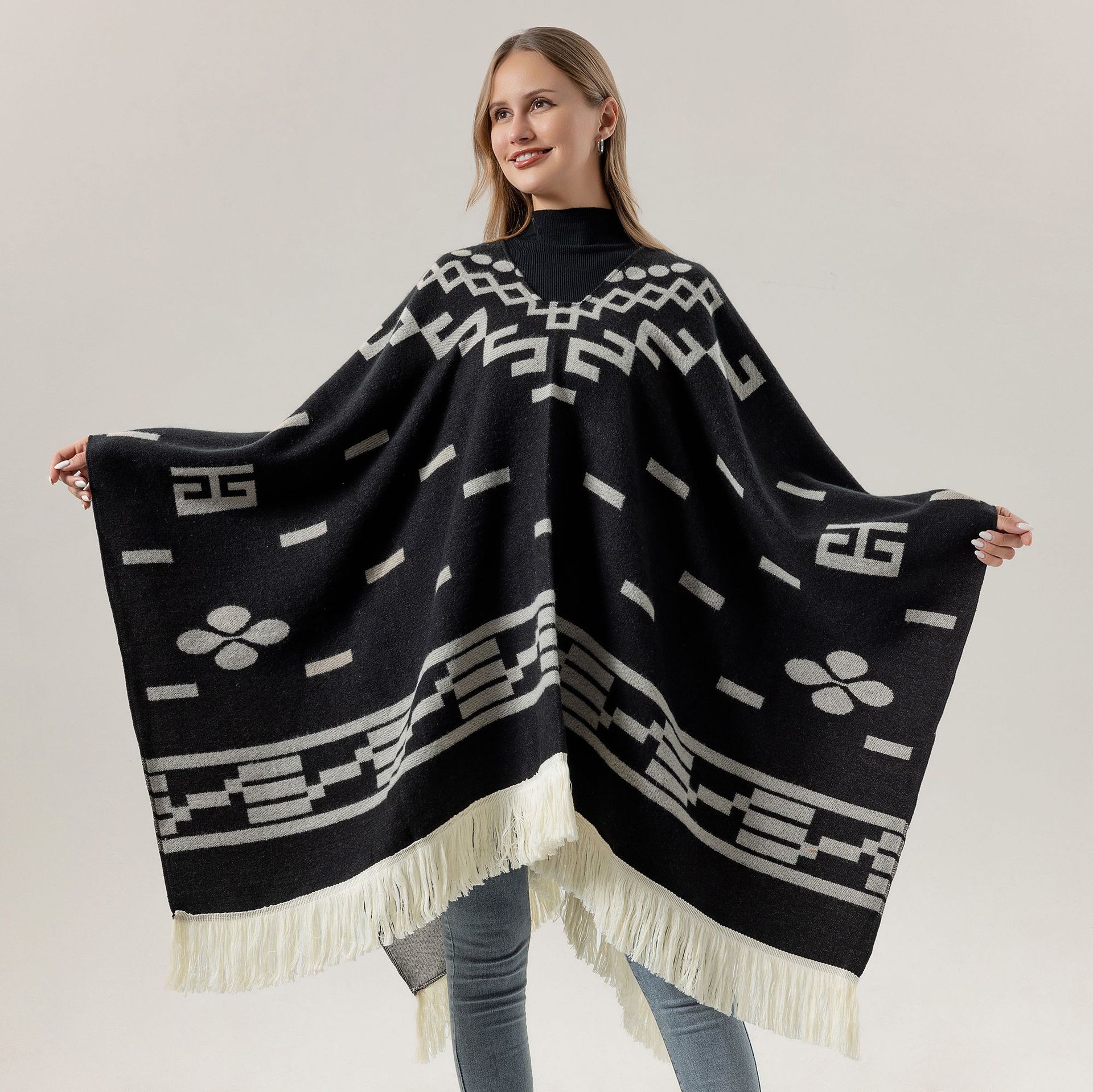 Wine red Women's Versatile Faux Cashmere Poncho Cape Shawl with Geometric Pattern & Fringe Trim - One Size — image 5