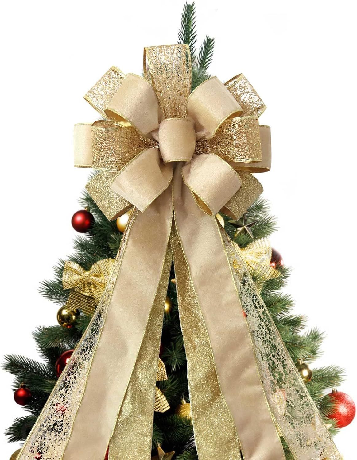 Christmas Tree Topper Bow, 43 × 13 Inches Large Toppers Bows for Christmas Tree, Glitter Satin Mesh Streamer and Wired Edge, Xmas Ornament Treetop Hanging